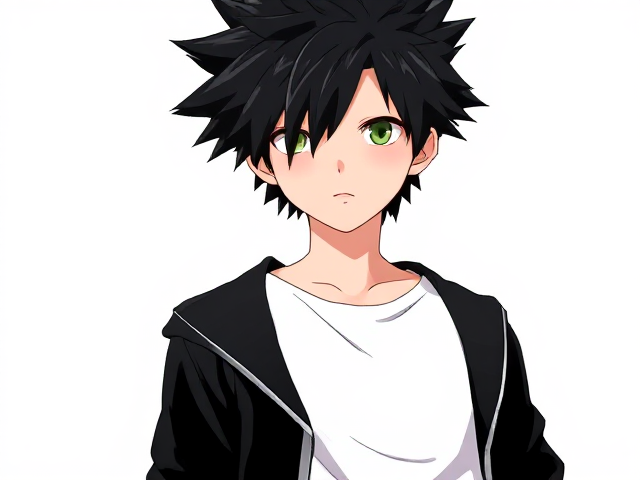 My hero academia inspired styled OC. Black spikey hair. Around 14. Wears a white T-shirt with a black jacket. 3/4 view. Green or grey eyes. Full head in view. Half body shot.