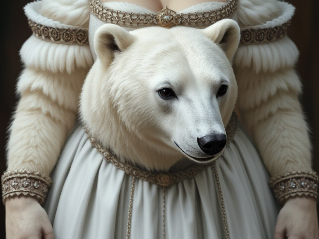 Image réaliste d'une femelle ours polaire habiller en princesse du moyen âge 
On l'a voit de la tête a la taille