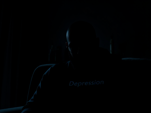 An image in the style of a Marvel Comic where a silhouette of a young bald Muslim man with a bushy beard and wearing black-framed eyeglasses is seen sitting in a dark room surrounded by darkness with a separate shadow entity clinging to his shoulders only having grey eyes and on the body the entity has the word Depression on it.
