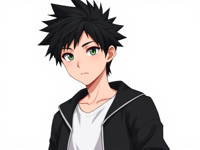 My hero academia inspired styled OC. Black spikey hair. Around 14. Wears a white T-shirt with a black jacket. 3/4 view. Green or grey eyes. Full head in view. Half body shot.
