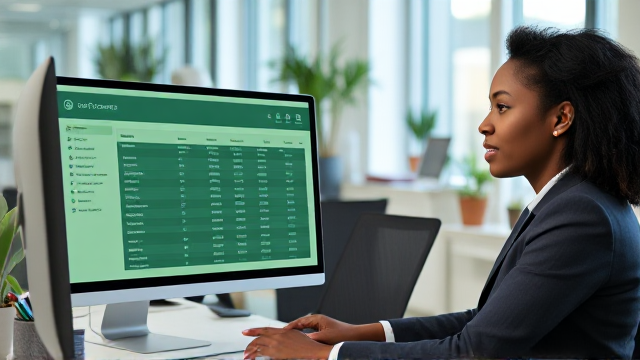 A modern, professional scene depicting a business owner analyzing financial data with a digital Chart of Accounts interface on a sleek desktop screen. The interface features a greenish UI and displays account categories. The background is a bright office environment, complete with a desk, plants, and office supplies. The business owner is a middle-aged,  African woman in smart casual attire, appearing focused and engaged. The overall tone is optimistic and productive,
