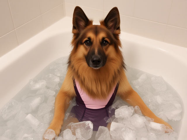 A anthropomorphic long haired German shepherd wearing a gymnastics leotard submerged in a bathtub full of ice