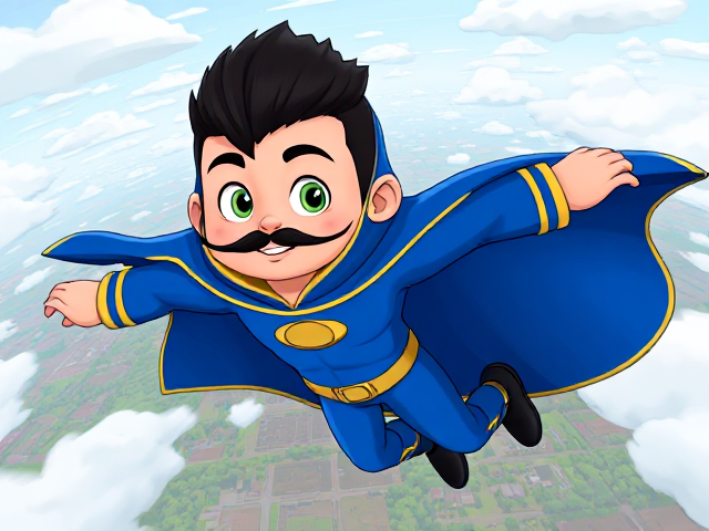 2D Modern Cartoon scene: A preteen 12-year old boy with light skin and freckles on his cheeks named Kyle Lipton, but transformed into a superhero named Dr. Dimensionpants, who, despite still being a kid, has an extremely muscular body. He wears a tight blue hood outlined by a yellow line that covers the back half of his head and leaves his ears exposed, with a smooth, slicked back black mohawk on top. He also wears a sleek blue bodysuit outlined with yellow lines on the cuffs of the sleeves and pants, a golden belt with a circular buckle, black boots, and a really big, heel-length long, ultra-wide blue cape with a really big collar outlined with yellow lines wreathed around his neck held up by a golden button. The pupils in his eyes are green, and he has a long black twin moustache, which help protect his true identity in this form. He also has incredible, invincible, and cosmic superpowers flowing through his veins. He is currently flying through the sky at high speed high above Ganderville, the city he protects, searching for trouble, his cape billowing majestically.