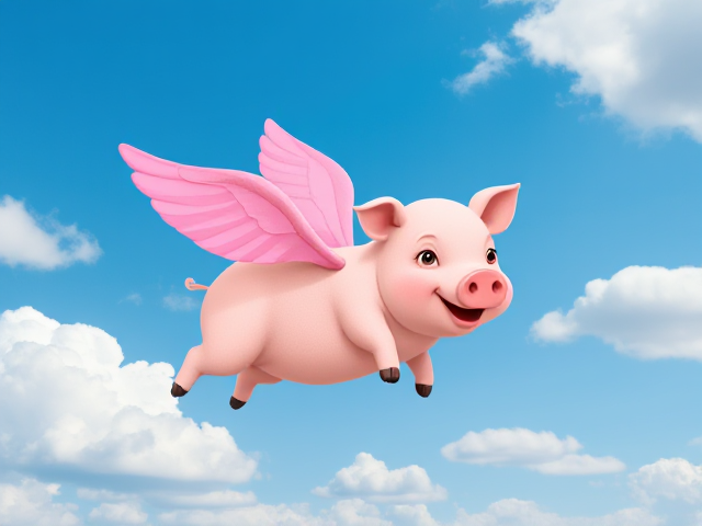 A whimsical, cartoonish pig with pink wings, joyfully flying in a clear blue sky filled with fluffy white clouds, bright and colorful