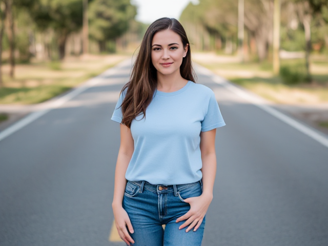 Brunette wearing a light blue t shirt and blue jeans encircled on the road