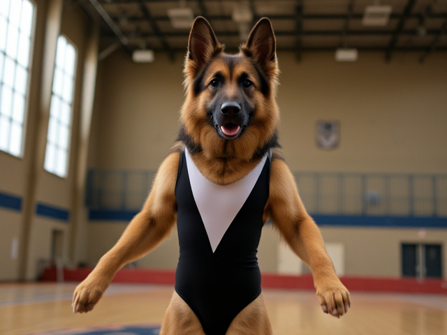 A anthropomorphic long haired German shepherd wearing a gymnastics leotard in a gymnasium