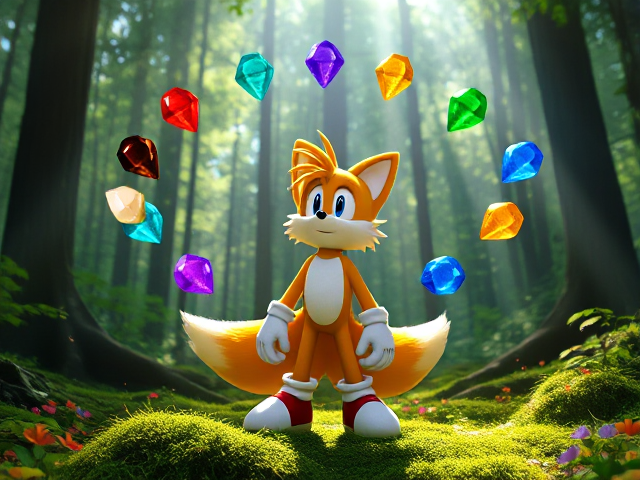 Miles Tails Prower, the two-tailed anthropomorphic fox from the Sonic the Hedgehog video game series, standing in a lush forest with beams of sunlight filtering through the trees. He is staring in awe at 7 floating emerald shaped rainbow-colored chaos emeralds, one red emerald, one blue emerald, one green emerald, one white emerald, one yellow emerald, one purple emerald, and one orange emerald, surrounding him in a circle shape. Tails' fur is transforming into a shimmering golden yellow and his blue are an intense red. The forest floor is covered with vibrant green moss and colorful flowers. The sunlight creates a magical ambiance with sparkling particles in the air, adding an ethereal glow to the scene