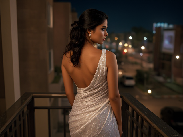 Skinny Indian woman in a white glittery saree, with her back turned and faced forward on a balcony in Pakistan