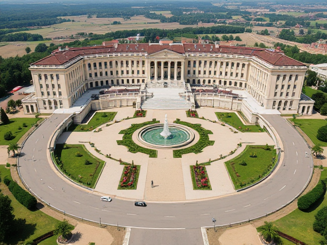 The palace is an architectural marvel, shaped like an open mouth with a horizontal line at the top, symbolizing grandeur and openness. The core area, a horizontal line below the mouth, serves as the main entrance.  Flanking this central area are two vertical structures:  	•	Left Structure: This houses a royal medical facility, offering comprehensive healthcare, alongside educational and entertainment spaces for the royal family. It features a convex design at its base, adding a unique touch. 	•	Right Structure: A circular church serves as a sacred venue for royal ceremonies such as baptisms, weddings, and funerals, extending outward to accommodate guest accommodations, small restaurants, and conference rooms.  In the middle of the palace, within the mouth shape, lies a large circular flower bed, enhancing the beauty of the interior. Surrounding this is a magnificent semicircular fountain, with water flowing into a vast garden filled with diverse flora, making it the largest royal garden.  To the right of the garden is a significant natural lake, seamlessly connecting with both the fountain and the palace’s smaller lake.  Beyond the garden lies an expansive square, much larger than traditional squares, designed to host various events. On one side of the square, a grand parade stand rises over six meters, providing an ideal vantage point for spectators. Below the parade stand, located in front of the entire square, this will be the place where the national flag is raised daily. In front of the national flag, that is, at the back of the square, there will be a stone monument with a sword out of its sheath. Below the parade stand, there is an equally wide road but perpendicular to this road connected to this road, dividing the road on the square into a T shape.  Designed in Neoclassical style and constructed at a cost of £5 million in 1905, the palace stands as a testament to opulence and elegance, nestled amidst a stunning landscape of plains, mountains, and lakes.  .The palace structure covers 100,000 square meters and the garden is 150,000 square meters. Built in 1905 for a royal family and surrounded by a beautiful palace gate.