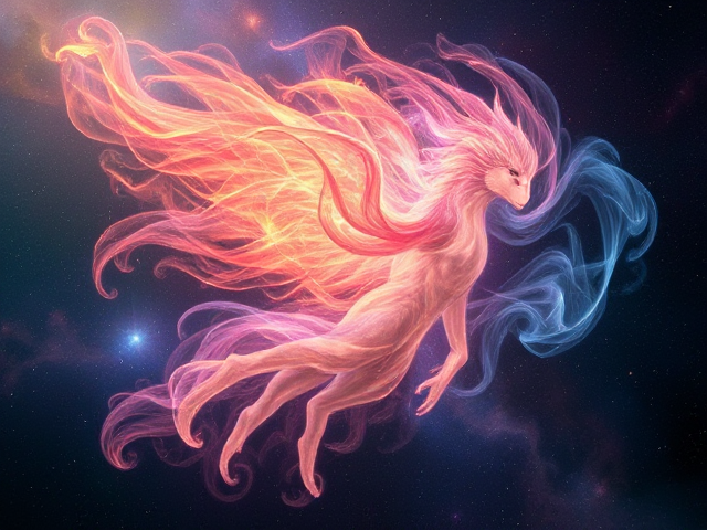 Imaginary ethereal being composed of swirling, radiant light with vibrant colors and intricate patterns, floating in a cosmic space background