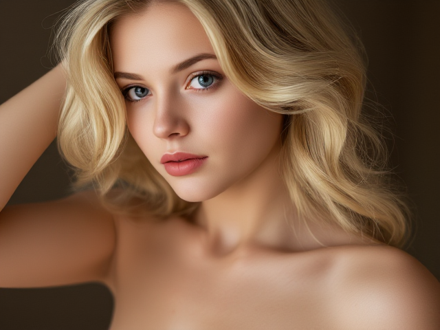 Très jeune fille élégante aux cheveux blonds entièrement dénudés , dans une pose artistique et gracieuse, lumière douce, fond naturel