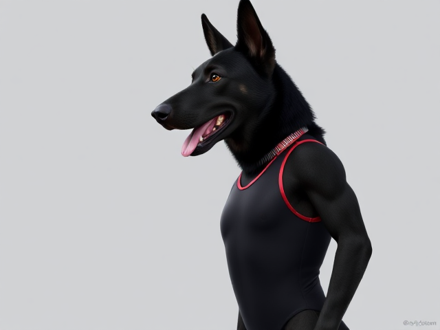 A anthropomorphic black German shepherd Olympic gymnast wearing a leotard