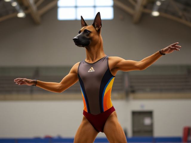 Anthropomorphic Belgian Malinois wearing a colorful gymnastics leotard, performing in a well-lit gymnasium, dynamic pose, detailed fur and fabric textures
