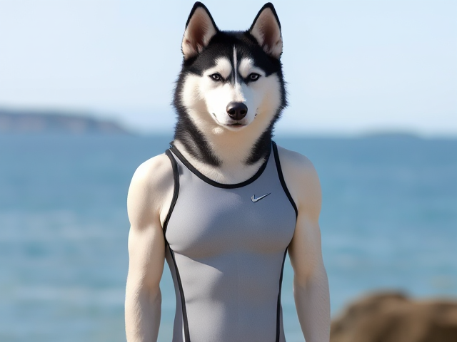 A Siberian Husky with a long torso and broad shoulders wearing a high cut Nike one piece swimsuit
