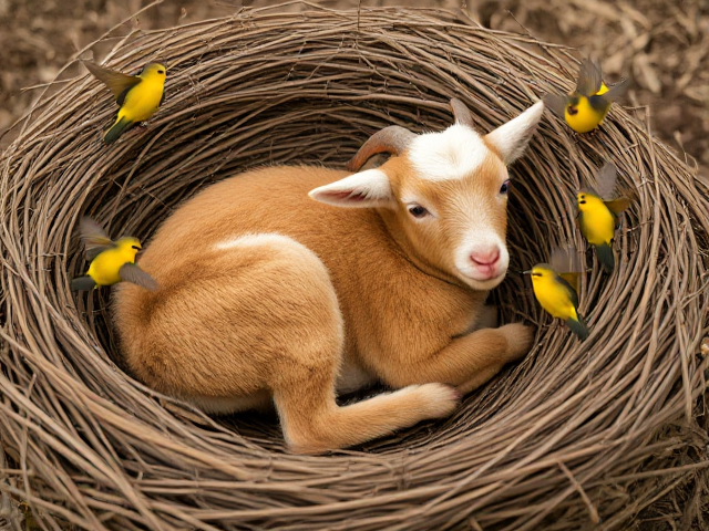 Create an image of a chubby baby goats laying in a nest with honeyeater birds flying around it.