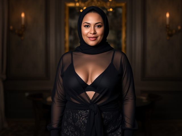 a photorealistic image of a curvy mature aunty standing in a sophisticated, dimly lit room with elegant, textured walls and ornaments. The model is placed, framing her face as she looks directly at the viewer with a warm, engaging expression. She’s wearing a hijab, black sheer long-sleeve top, knotted at the waist, revealing a black bralette underneath, which adds a stylish, edgy touch. She pairs the top with a high-waisted lace skirt, giving a chic, balanced look. The lighting highlights her natural beauty and accentuates the textures in her outfit, creating an intimate and inviting atmosphere.