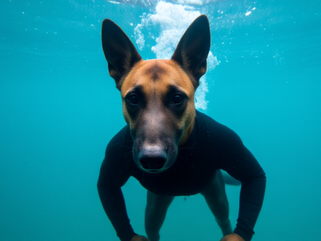 A Belgian malinois wearing a wetsuit underwater