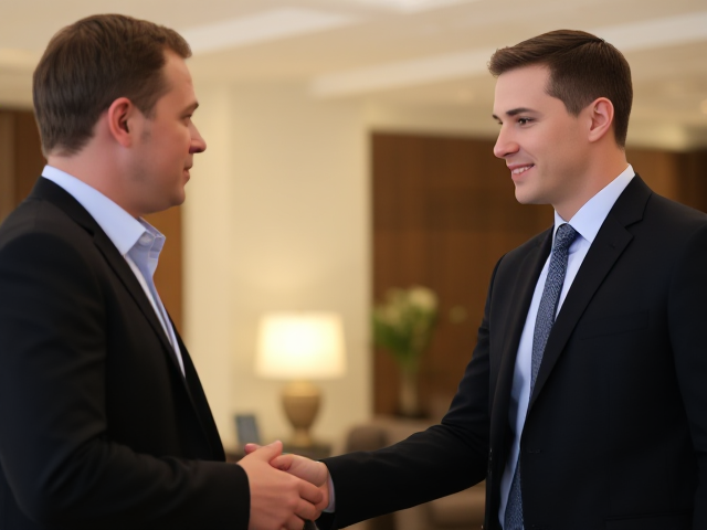Brunette wearing a light blue shirt and a black suit meeting a man in a hotel lobby