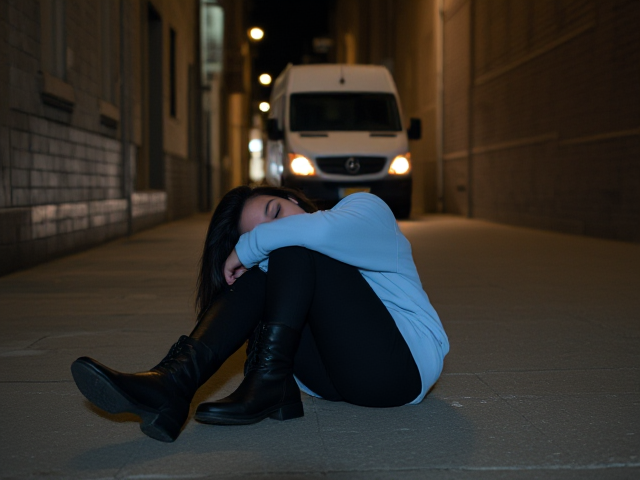Brunette thin wearing a light blue sweatshirt and black pants and boots knocked out cold  late at night on the sidewalk of  an alleyway. A van in the background driving slowly by