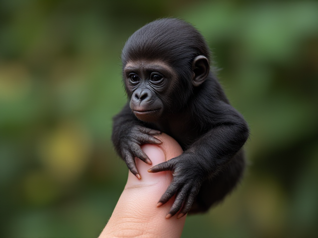 Photorealistic, 34k, A micro baby gorilla perched on a human finger, ar 9:16 style raw
stylize 750