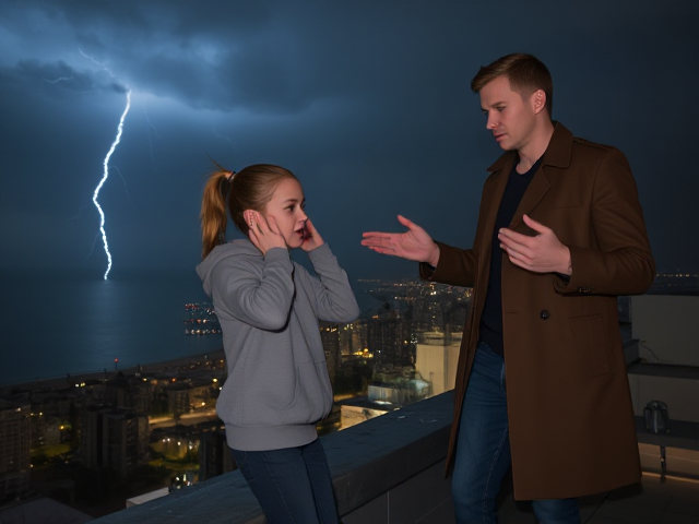 A petite 13-year-old girl with strawberry blonde hair in a ponytail, wearing a hooded pullover and jeans, is standing on the roof ledge of a night club. Next to her on the roof, standing nearby is a modern-day, pale skinned vampire in his late twenties, with blonde hair, dressed in a brown trench coat and jeans. He appears uneasy as he looks at her, holding his hands out and taking a step back. The girl gestures angrily at him with her hands, flailing her arms and with a scowl on her face. at him in frustration. A thunderstorm approaches the cityscape from the sea shore. Set at night. The girl has a cut in her forehead.