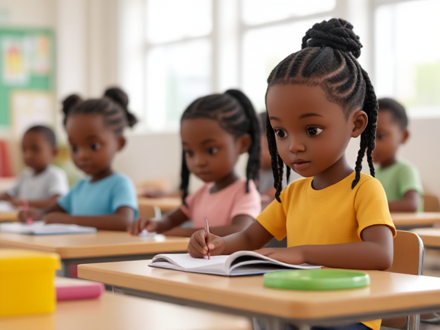 Des élèves africaines  âgés de huit ans avec des tresses assis dans une salle de classe lumineuse, concentrés sur un devoir, avec des bureaux et du matériel scolaire visible autour d'eux, lumière naturelle entrant par les fenêtres