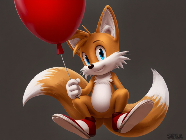 Tails the Fox holds a red balloon and his legs bend inwards SEGA Video Game