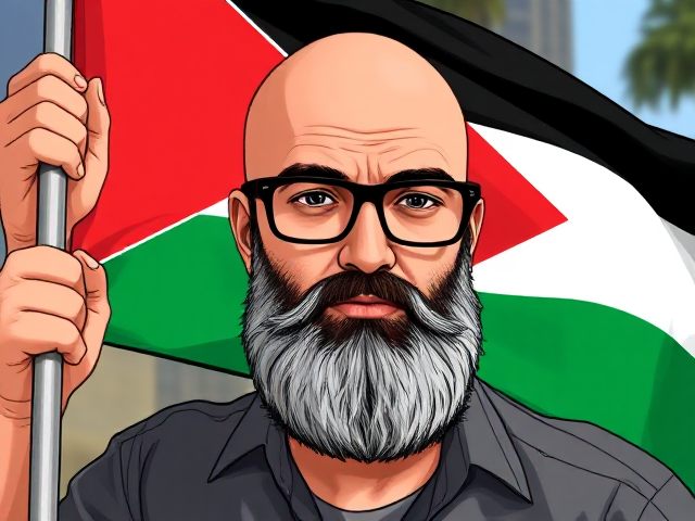 A young bald Muslim man with a bushy beard and black-framed eyeglasses holding a Palestinian Flag. Image in the art style of the video game Grand Theft Auto.