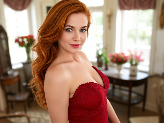 Red-haired woman with a confident, seductive expression, emerald green eyes, and flawless porcelain skin, wearing an elegant deep red dress with intricate lace details, posing playfully and flirtatiously in a sunlit room adorned with vintage furniture and vibrant flowers