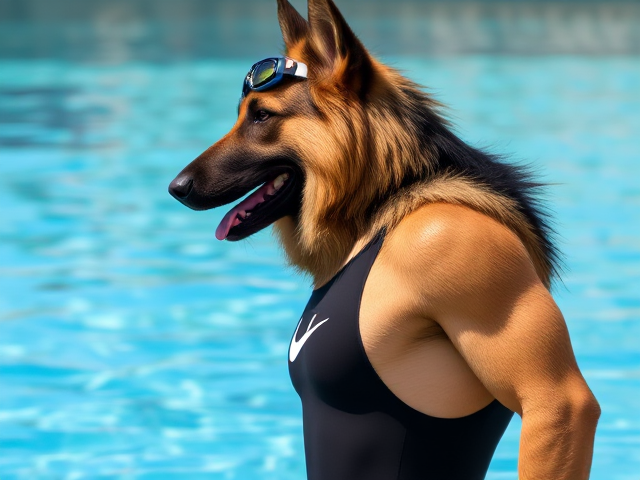 A tall and lean anthropomorphic long haired German shepherd with a long torso and broad shoulders wearing a high cut Nike one piece swimsuit and swimming goggles