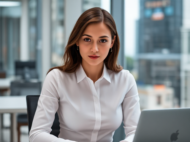 Office girl wearing a fitted white shirt, sitting at a modern desk, soft natural lighting, focused and professional expression, minimalistic office background, cleavae