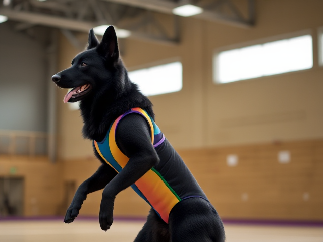 Anthropomorphic black German shepherd wearing a colorful gymnastics leotard in a gymnasium, performing a graceful routine, dynamic lighting, detailed fur texture