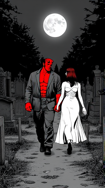 une photo très ancienne en noir et blanc représentant Hellboy (coloré) se promenant main dans la main avec la magnifique Elvira dans un cimetière. l'amour entre les personnages apporte du bonheur au milieu du cimetière lugubre et abandonné. la pleine lune en arrière plan met en valeur leurs silhouettes.
seul Hellboy est en couleur contrastant avec l'image en noir et blanc