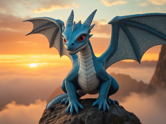 Young sky blue-scaled dragon with large, intricately detailed wings; shimmering white chest scales; solid red eyes; a third solid red eye in between the first two; adorned with multiple icicle-like horns on the head; surrounded by ethereal misty clouds; perched majestically on a rugged rocky cliff, illuminated by a dramatic sunset backdrop; maintains a serious facial expression; baring his teeth