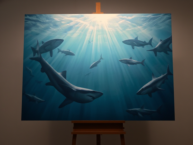 Inside the ocean with sharks, painting, on a stand with good lighting