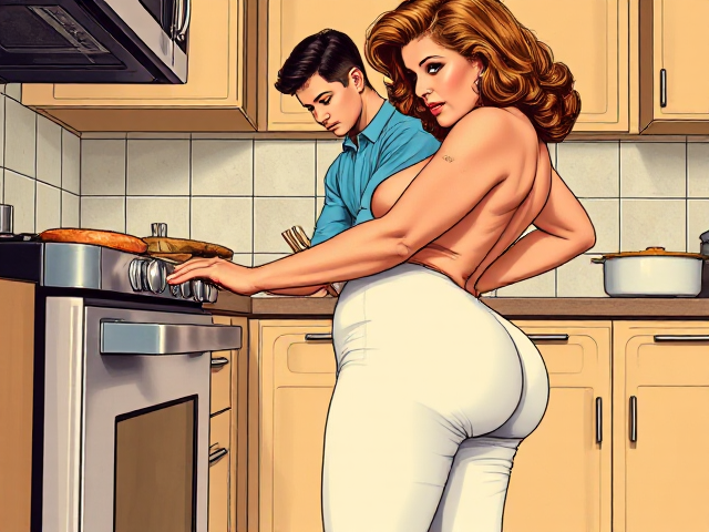 a sultry woman of 45. she has very large bum. she is wearing tight white pants. she is putting something into the oven. a young man of 19 is standing behind her.