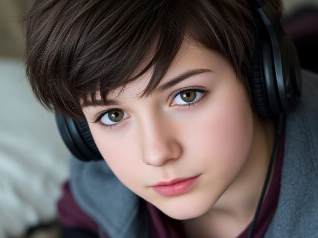 15-year-old girl feeling lonely, with short, shaggy unkept dark brown hair. She is wearing black headphones and a grayish maroon jacket. Her eyes are dull hazel, complemented by black stockings and dark brown boots, set in a somber mood, capturing her sense of solitude