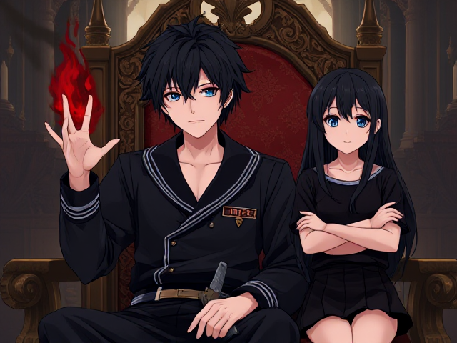 A young adult male with messy black hair and blue eyes sitting in a throne in a kingdom, his left hand has dark blood red, black flames coming from it and in his right hand is a small short sword, he is wearing a naval style all black with gold badge on it clothes and next to him is a girl his age with long black hair wearing a black very short skirt with her arms crossed, anime
