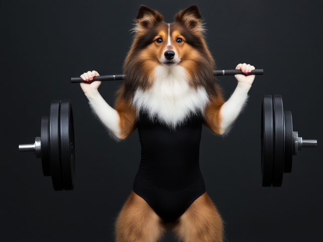 A Rough collie with large hips wearing a leotard lifting a barbell