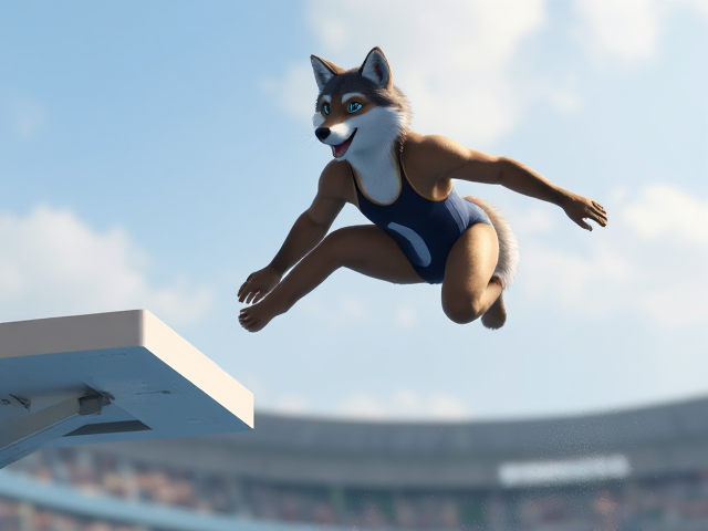 A anthropomorphic wolf Olympic diver wearing a high-cut one piece swimsuit jumping off a springboard