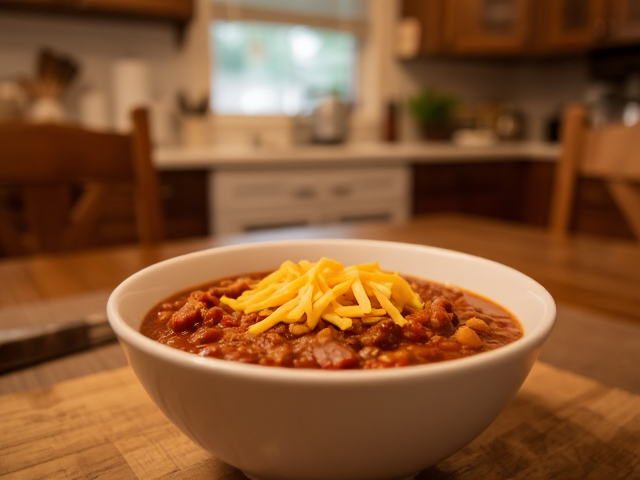 in a cozy kitchen on a table we see a bowl of Keto Chili 🌟
Ingredients:
1 cup ground beef
½ cup diced tomatoes (low-carb, no sugar added)
1 tsp chili powder
½ tsp cumin
¼ cup shredded cheddar cheese
Instructions:
Cook ground beef with chili powder and cumin.
Stir in diced tomatoes and simmer for 10 minutes.
Serve with cheddar cheese on top.
Summary:
This keto chili is hearty, spicy, and absolutely delicious. It’s a warm bowl of comfort that keeps carbs low while delivering bold flavors. Perfect for cooler days!