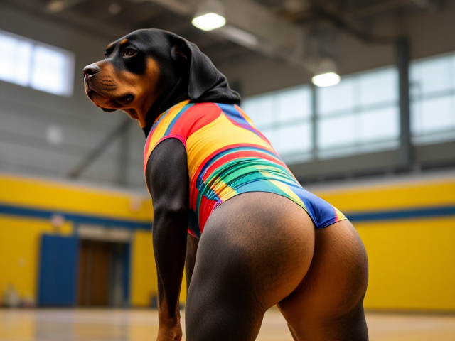 Anthropomorphic Rottweiler wearing a vibrant, colorful gymnastics leotard, highlighting strong and muscular hips, set in a lively gymnasium with bright lighting and energetic atmosphere