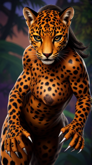 A fierce female-leopard hybrid. She has a sleek, athletic body with orange and black leopard spots on her skin blending with human features. Her face has piercing, feline eyes, high cheekbones, and slightly elongated canines. muscular build, with clawed fingers and digitigrade legs ending in leopard paws. and her expression is one of fierce determination. The atmosphere is electric, capturing the primal strength and agility of a leopard fused with a human warrior.
Her intense gaze suggests determination and a thirst for victory.
Setting: A colorful and bright jungle at dusk