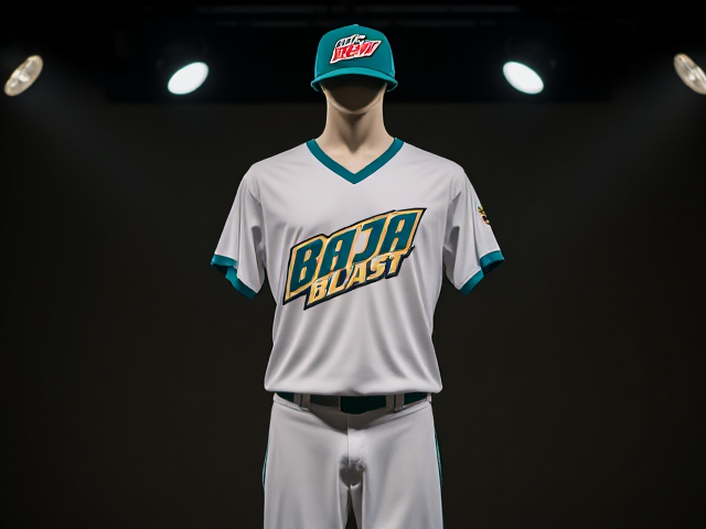 A teal baseball hat with mtn dew Baja Blast logo with a white v neck athletic shirt with Baja Blast written across the front in teal black and gold with white baseball pants with teal and black piping down the sides teal baseball socks black cleats , displayed on a mannequin