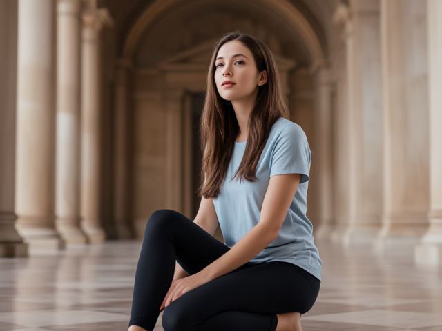 A thin and beautiful brunette in her 20s wearing a light blue t shirt and black leggings. She is sitting on her knees in a palace contemplating her decisions