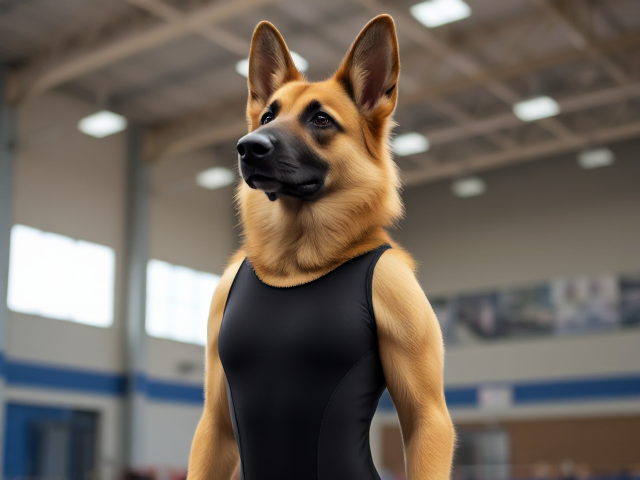 A anthropomorphic German shepherd with blonde hair wearing a gymnastics leotard in a gymnasium