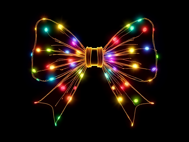 Handrawn Clipart bow, made of string lights. Colorful Luminescent, isolated on a black background