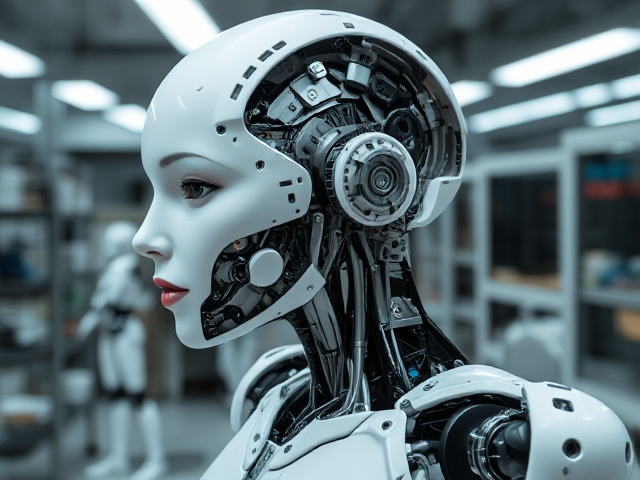 Disassembled futuristic female robot with intricate mechanical parts, showing internal circuits and gears, in a high-tech laboratory setting