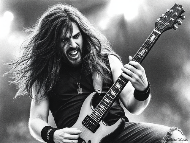 black and white pen lineart dark drawing. pen ink sketch horror. dimebag darrell with dean ml cowboys from hell guitar