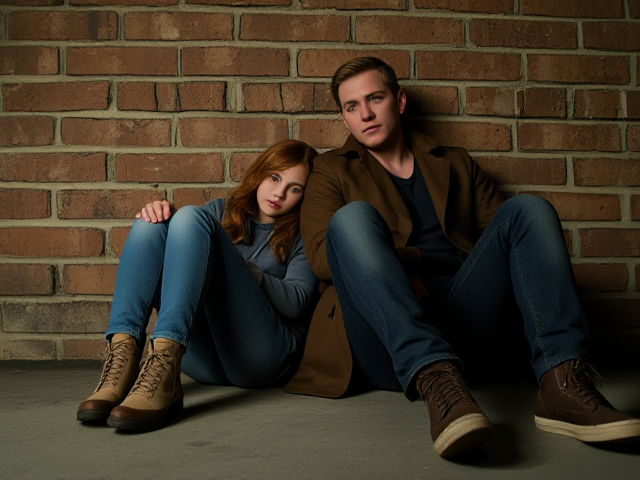 a petite, 13-year-old girl with strawberry blonde hair, wearing jeans and a hooded pullover, sits slumped with her back against a brick wall, feet forward, legs outstretched. Next to her sits a modern-day male vampire, 28 years old, with pale skin and blonde hair, dressed in jeans and a brown trenchcoat. The vampire is slumped against the wall as well, feet forwards, legs outstretched. The girl has a forlorn look and rests her head on the vampire's shoulder. Set at night in an abandoned warehouse, in a holding room with no windows. The vampire is roughed up from a fight. Both have their backs against the wall. 
The vampire looks straight ahead, worried..